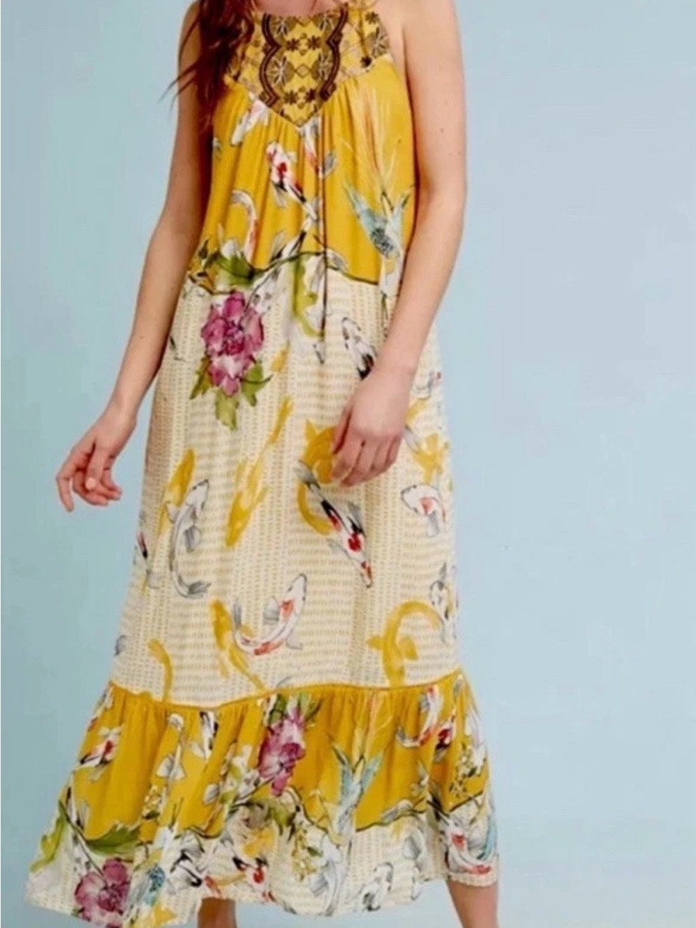 Anthropologie One September Yellow Koi Fish Floral Embroidered Maxi Dress XS